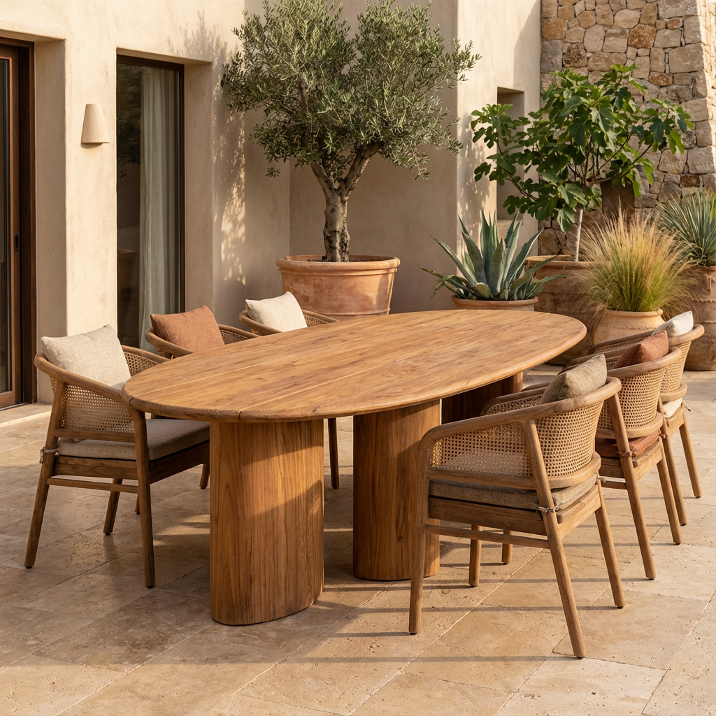 Gommaire Imen Outdoor Möbel Kollektion aus Teakholz in EMAS Brown mit Stühlen und Esstischen für Terrasse und Garten
