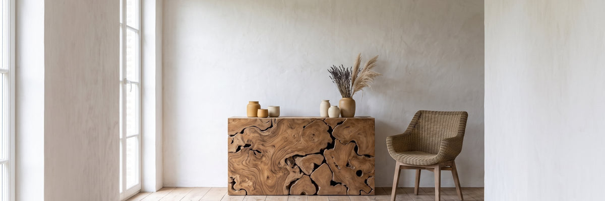 Gommaire Indoor Möbel: Konsole Ruby rechteckig Teakwurzel Natural Grey und Armlehnenstuhl Jacky Teak Natural Grey Srimit Grey im Wohnambiente