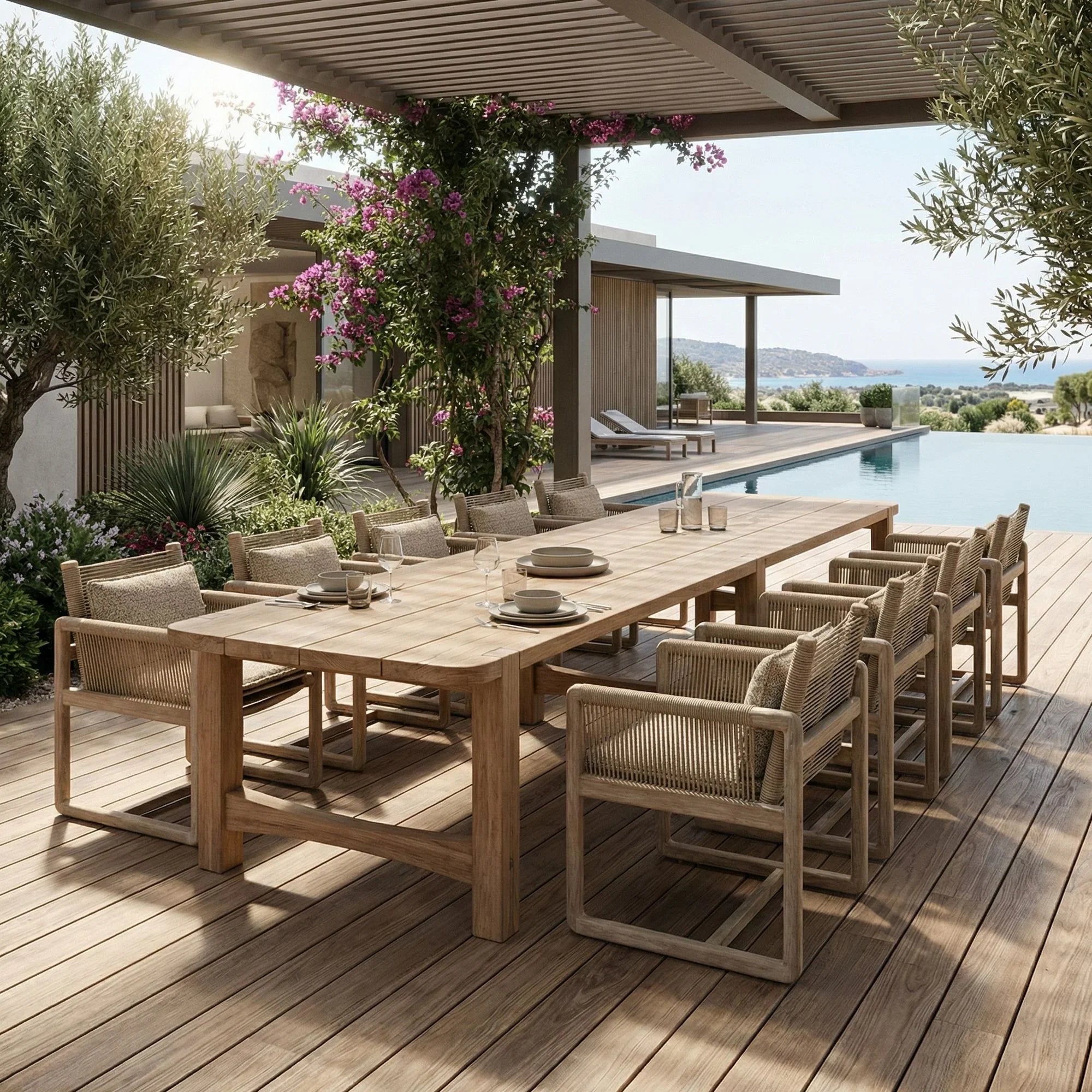Gommaire Carlo Outdoor Möbel Kollektion mit massivem Teakholz Sessel und großem Esstisch für Terrasse und Garten