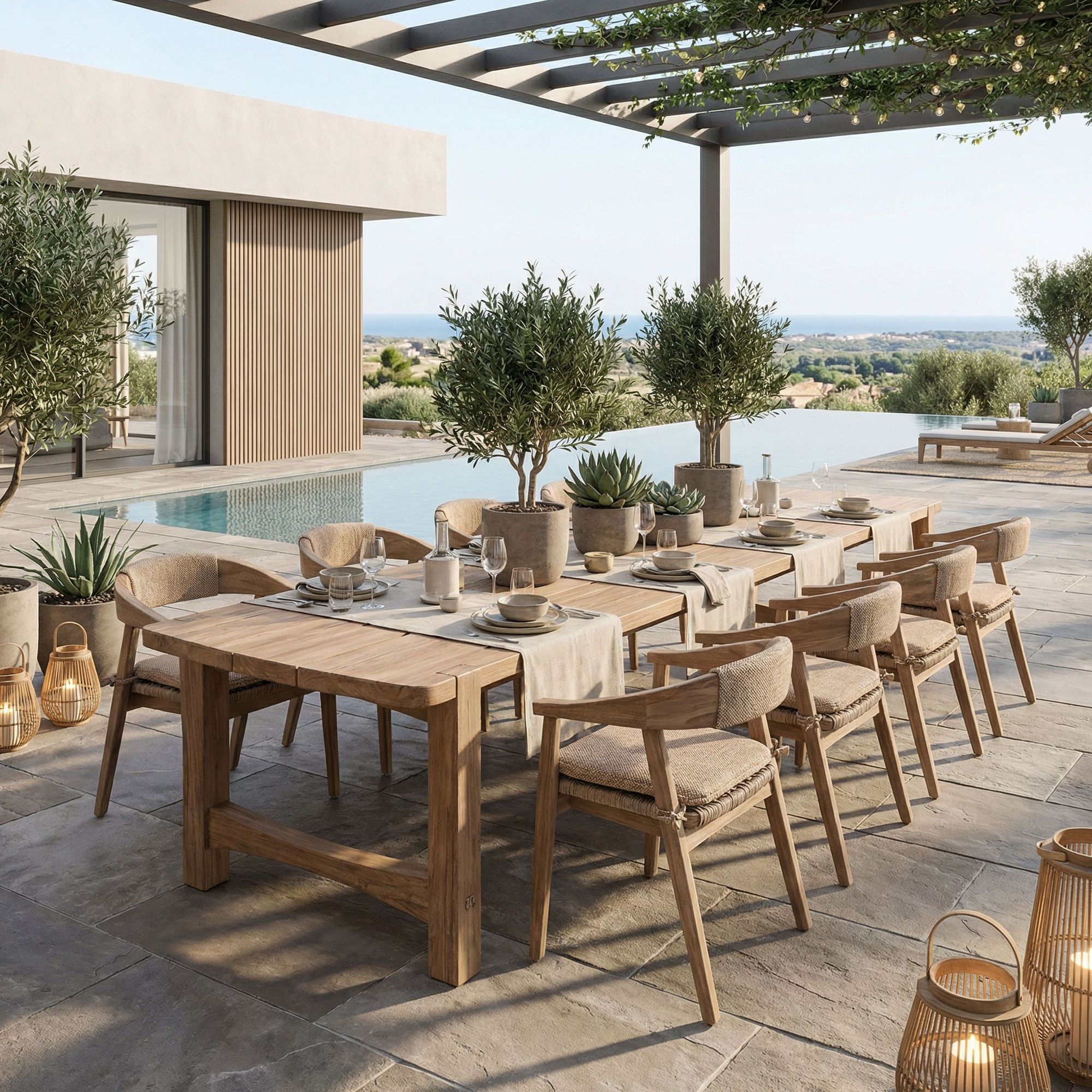 Gommaire Magnus modulare Outdoor Lounge aus Teakholz auf moderner Terrasse