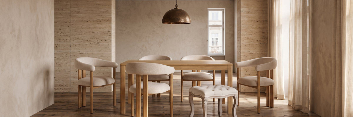 Stühle & Hocker: Armlehnenstuhl Giuditta Naturfarbe/leinen und Hocker Fußbank Diva Naturale im Wohnambiente