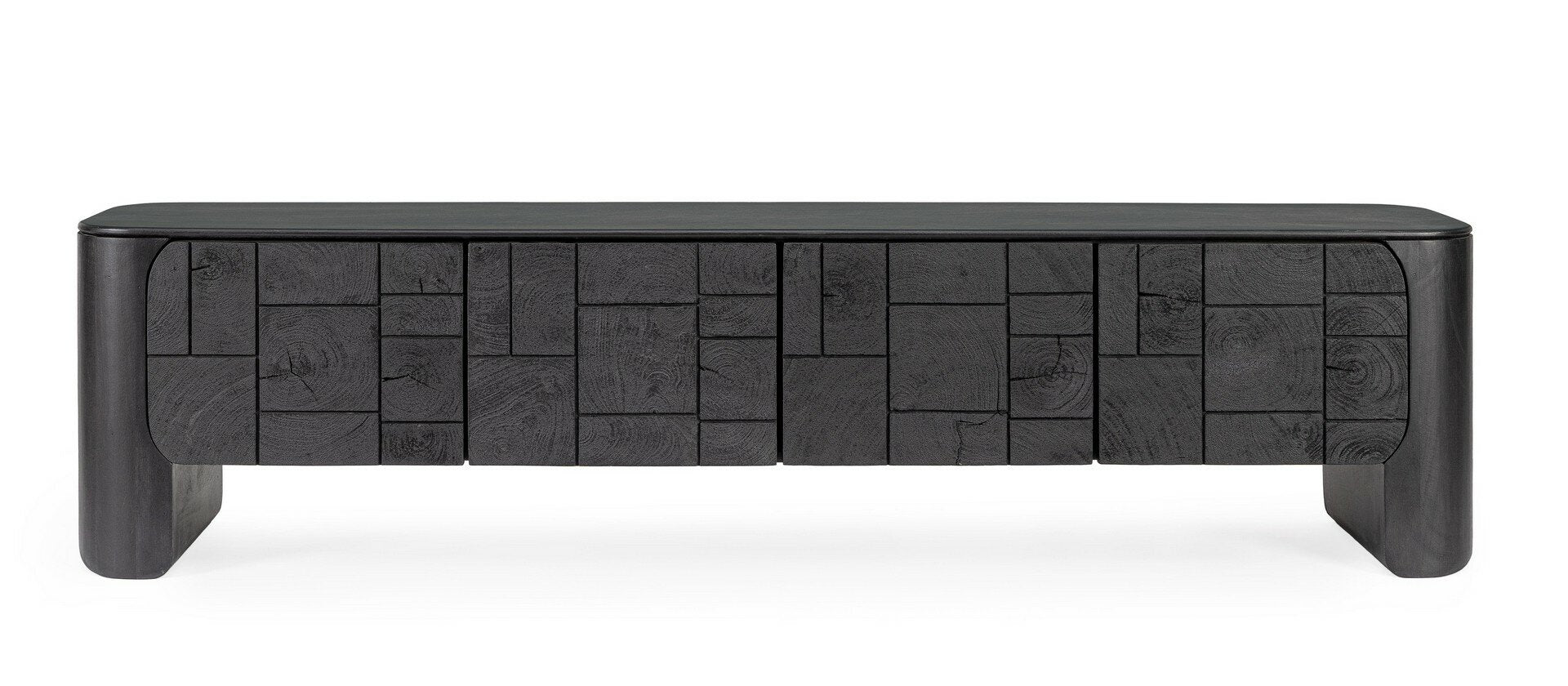 TV-Möbel Sinnar Schwarz von Bizzotto – Front mit Relief aus Naturholzblöcken, im STUFF Shop