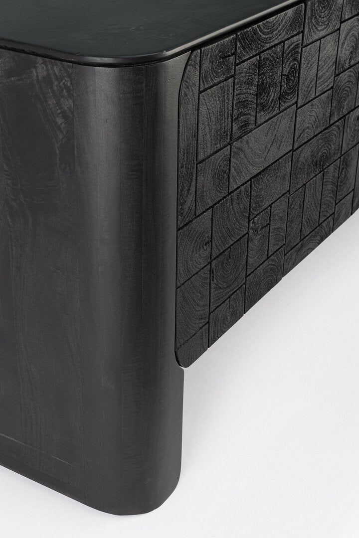 Kommode Sinnar Schwarz von Bizzotto – Detail der Holzblock-Front, im STUFF Shop