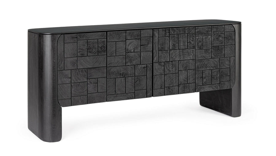 Kommode Sinnar Schwarz von Bizzotto mit Türfronten aus Naturholzblöcken, B 185 x T 45 x H 80 cm, im STUFF Shop