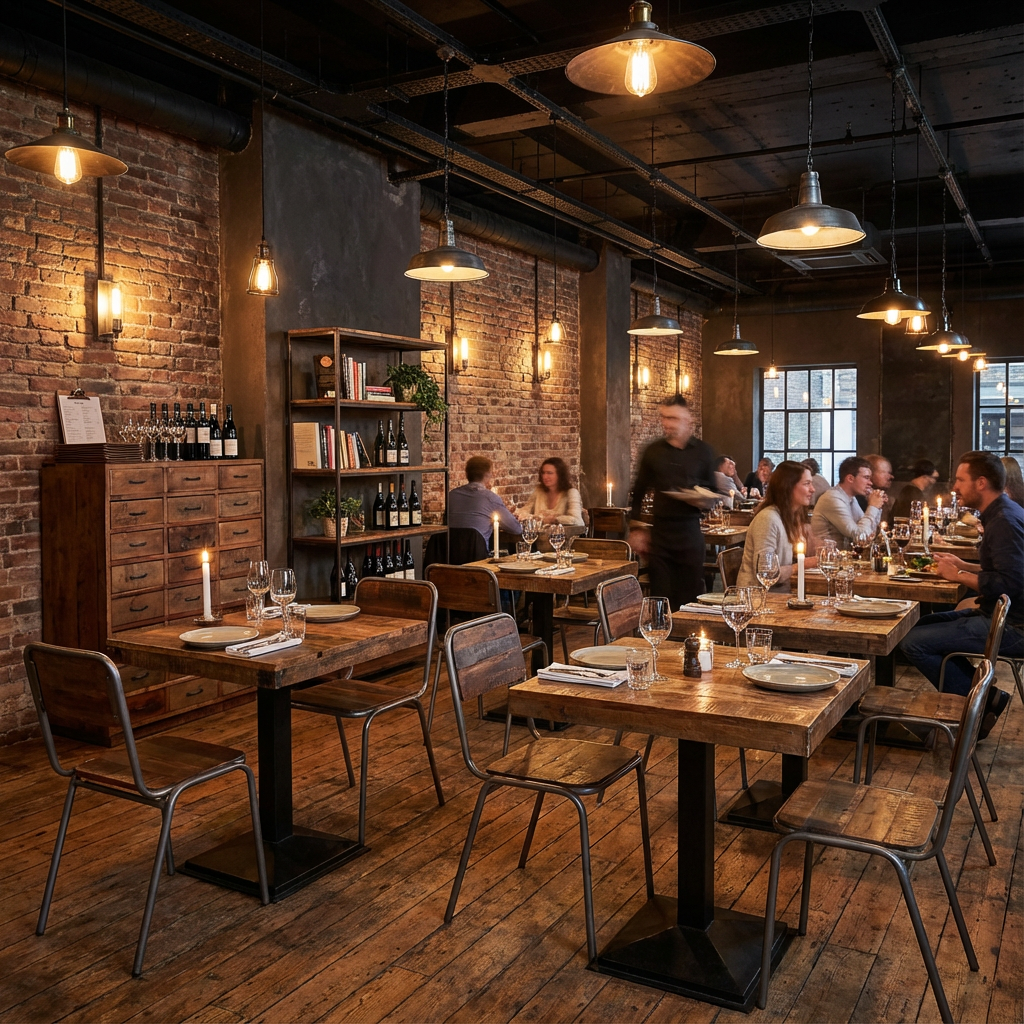 Quadratischer Bistrotisch Grainwood aus recyceltem Altholz und Eisen für Gastronomie und Bistro | STUFF Loft