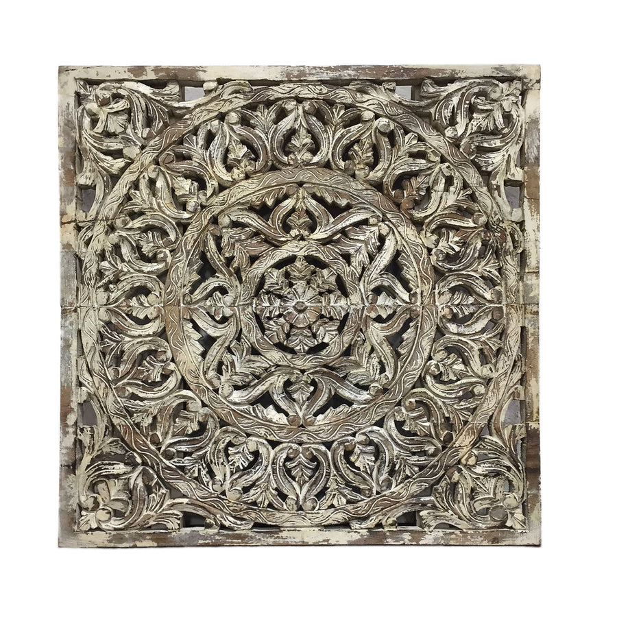 Handgeschnitztes Wandpaneel aus Teakholz mit Indian Flower XL