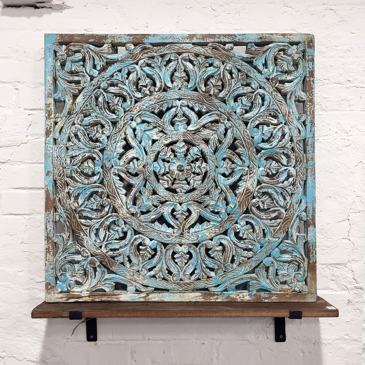 Handgeschnitztes Wandpaneel aus Teakholz mit Indian Flower XL