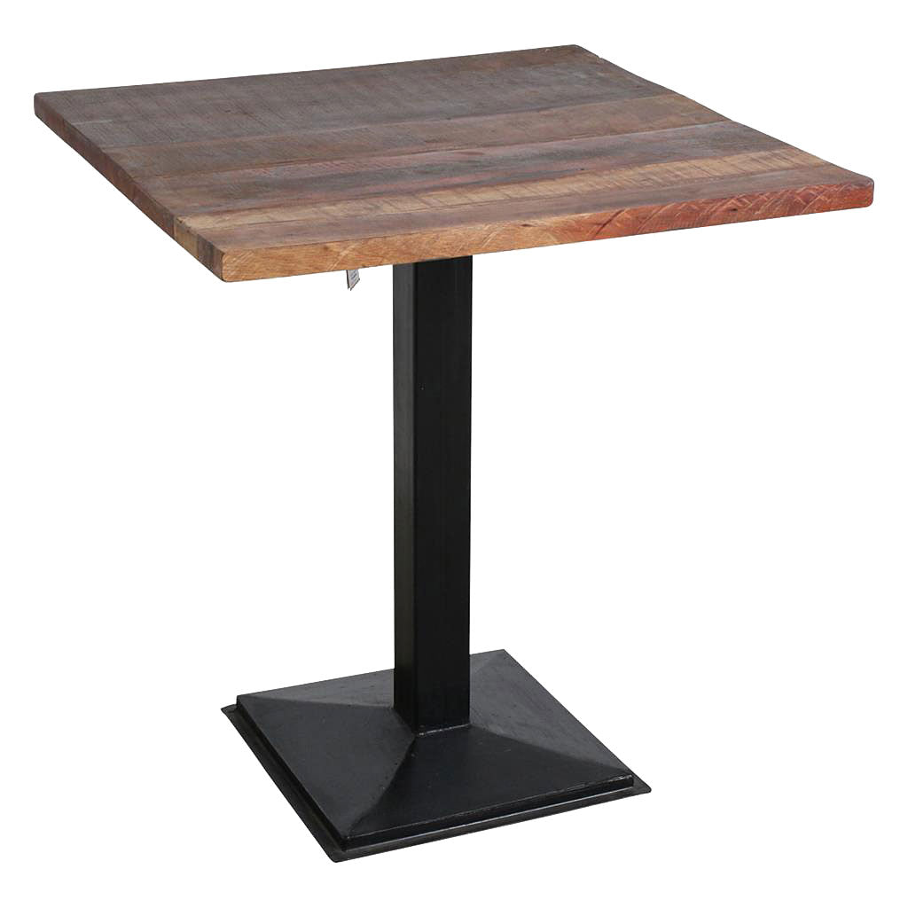 Quadratischer Bistrotisch aus massivem Altholz mit Eisenfuß für Gastronomie und Bistro | STUFF Loft
