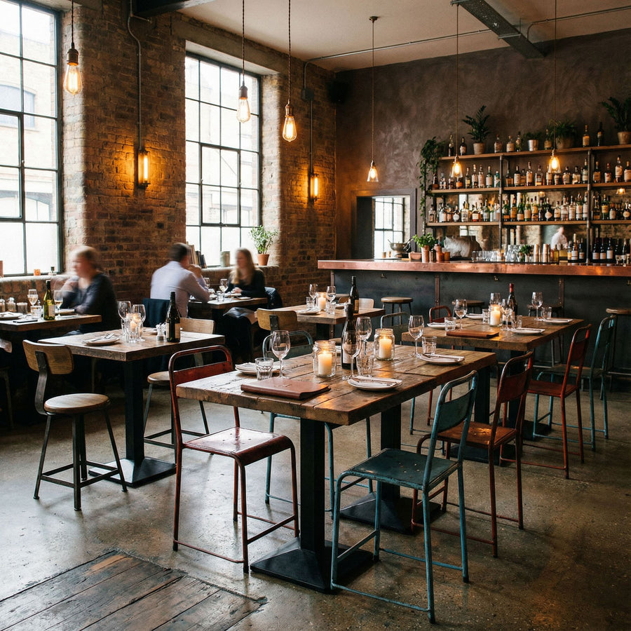 Quadratischer Bistrotisch aus massivem Altholz mit Eisenfuß für Gastronomie und Bistro | STUFF Loft