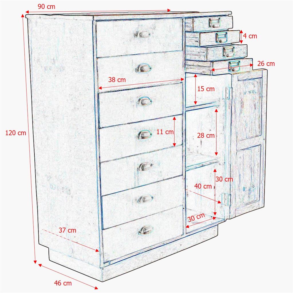 Kommode STUFF Loft Kollektion mit 11 Schubladen aus recyceltem Altholz und Metall