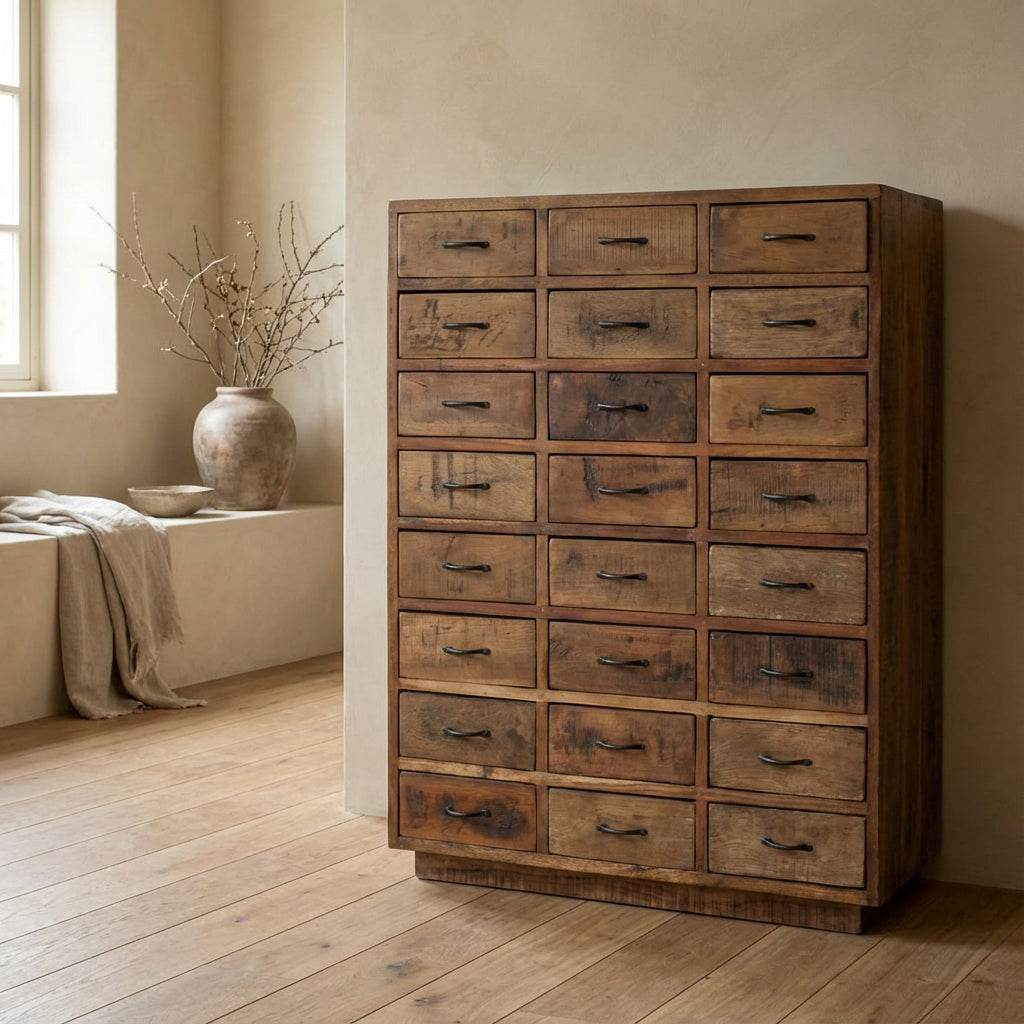 Kommode Heritage mit 24 Schubladen aus recyceltem Holz mit dunkler Patina und Metallgriffen im Vintage-Stil