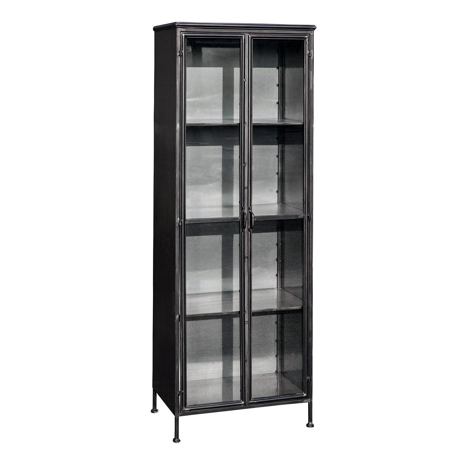 Simple Metal High Cabinet mit Glasfronten in einem stilvollen Wohnambiente