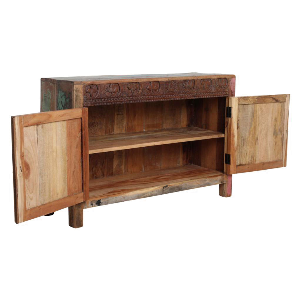 Farbenfrohes Sideboard Flower aus recyceltem Altholz mit floralen Schnitzereien | STUFF Loft