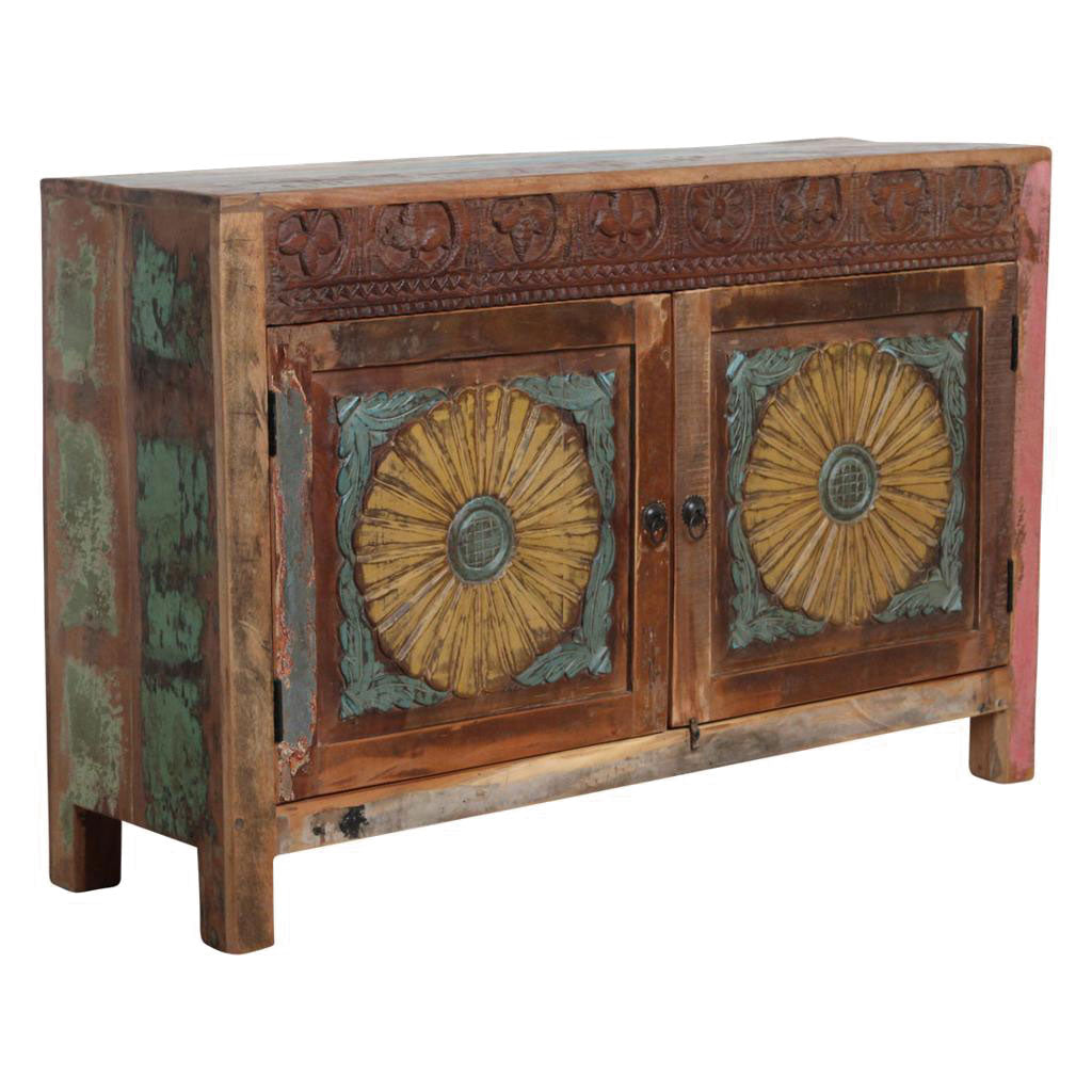 Farbenfrohes Sideboard Flower aus recyceltem Altholz mit floralen Schnitzereien | STUFF Loft