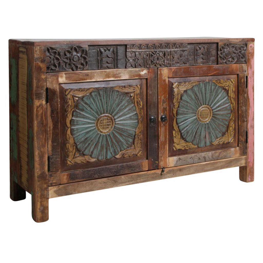 Farbenfrohes Sideboard Flower aus recyceltem Altholz mit floralen Schnitzereien | STUFF Loft