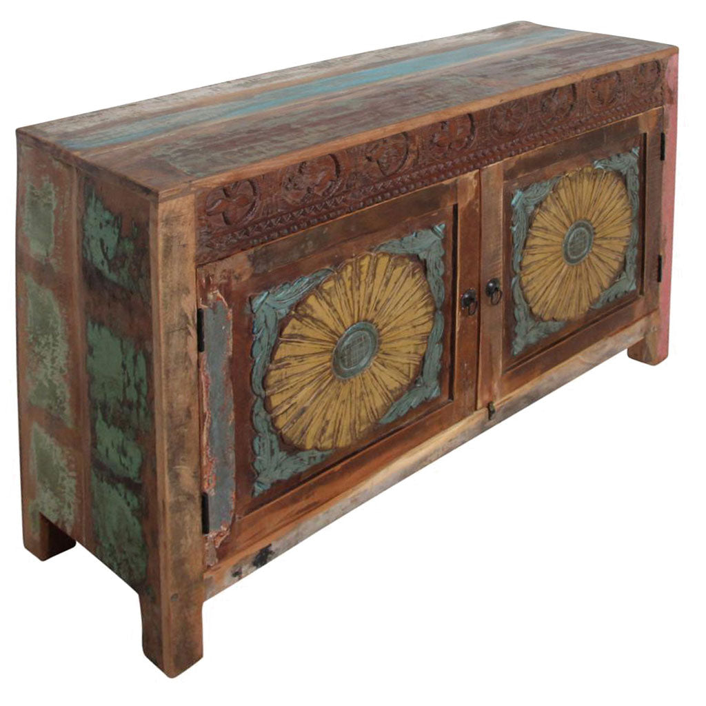 Farbenfrohes Sideboard Flower aus recyceltem Altholz mit floralen Schnitzereien | STUFF Loft