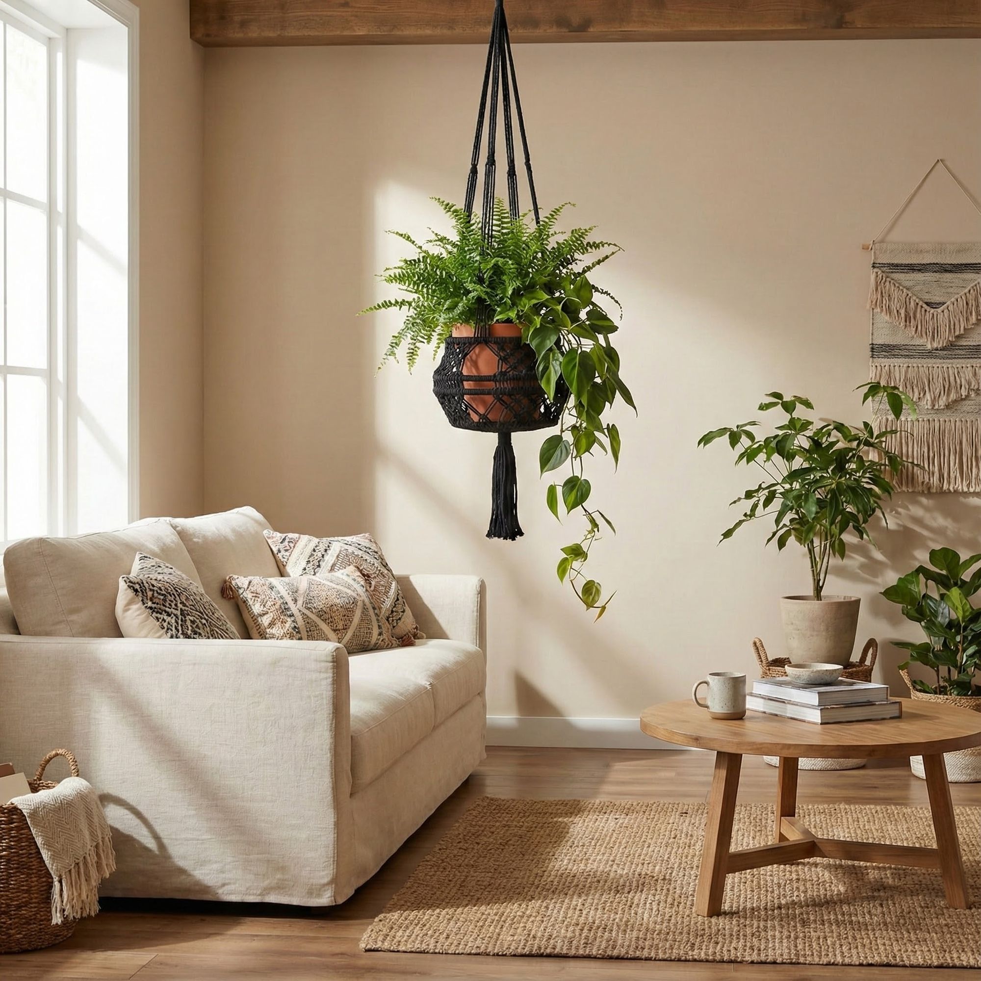 Makramee Blumenampel / Plant Hanger aus Baumwolle Ø 20 cm, H 105 cm