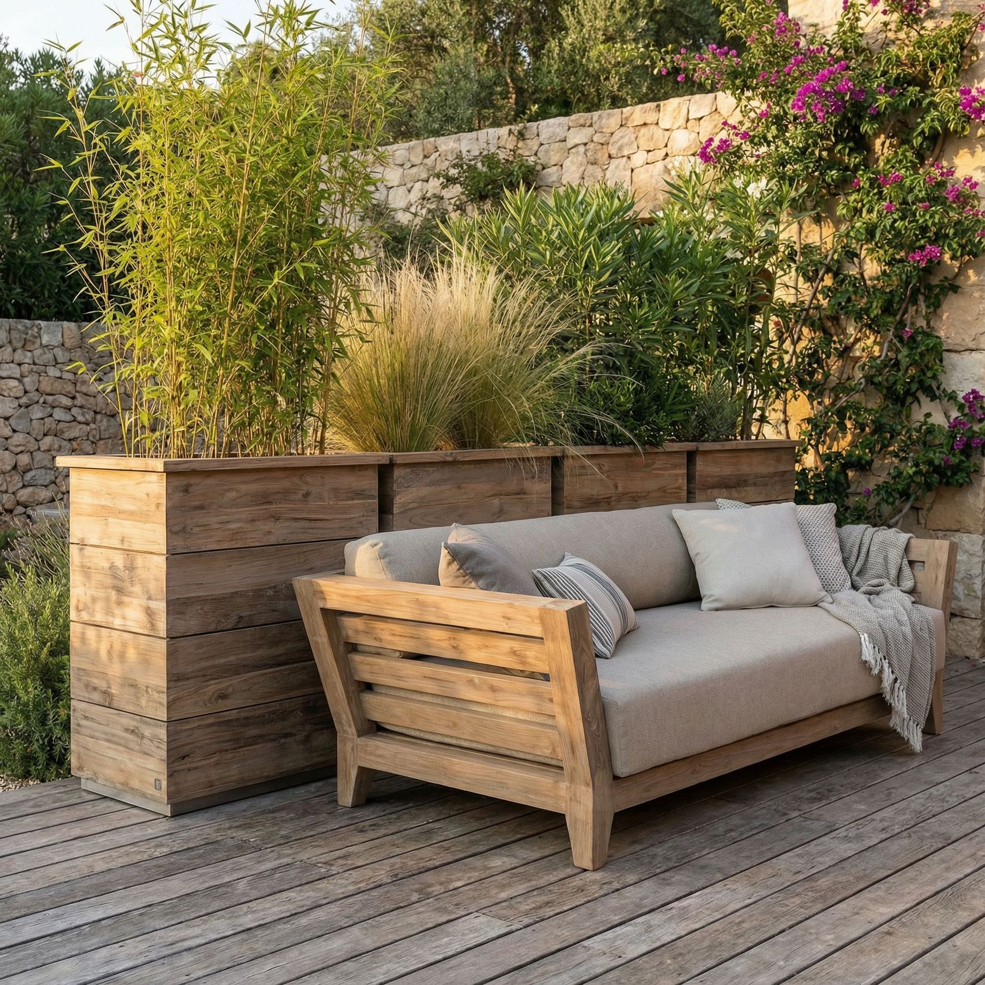 Pflanzkübel Fredy High aus Teakholz in Natural Grey für Outdoor mit Sitzfläche | Gommaire bei STUFF Shop kaufen