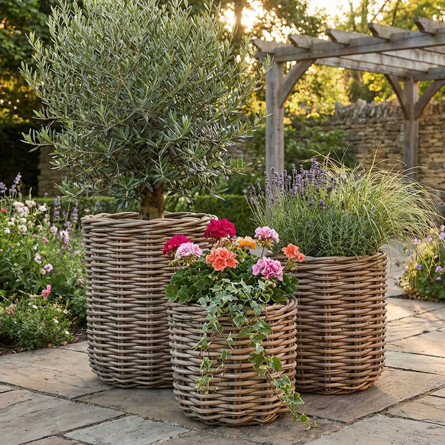 Pflanzkorb Julia small aus CL Rattan - auf einer Terrasse| Gommaire bei STUFF Shop kaufen