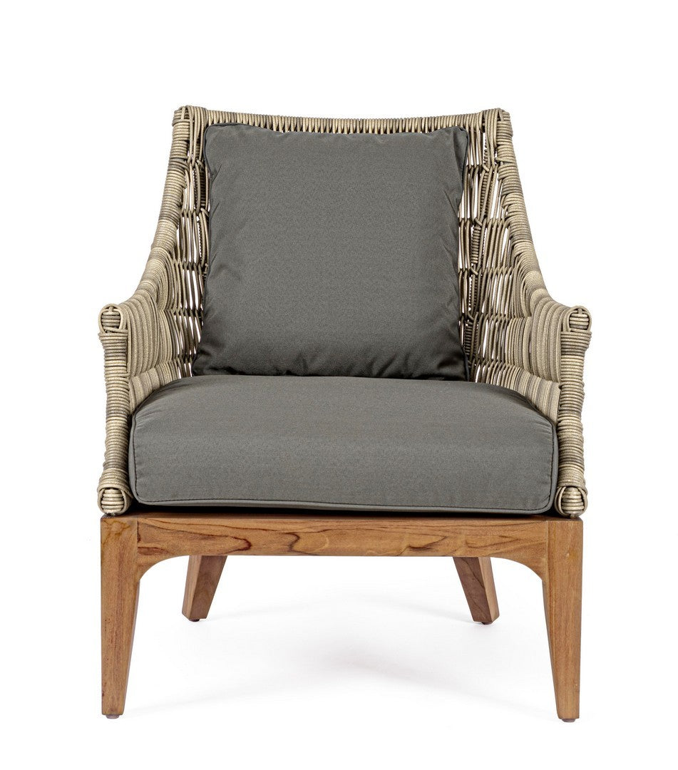 Outdoor Sessel Keilani mit Holzgestell und grauem Sitzkissen für Garten und Terrasse