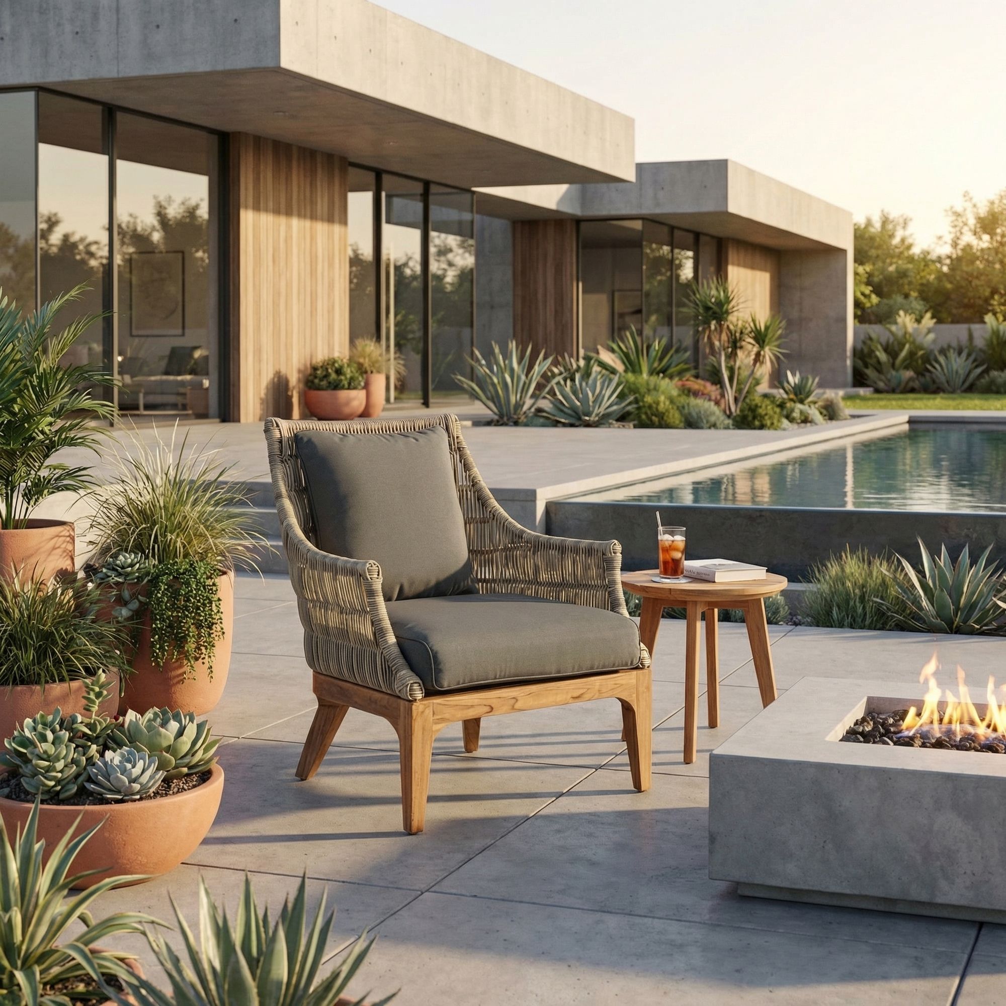 Outdoor Sessel Keilani mit Holzgestell und grauem Sitzkissen für Garten und Terrasse