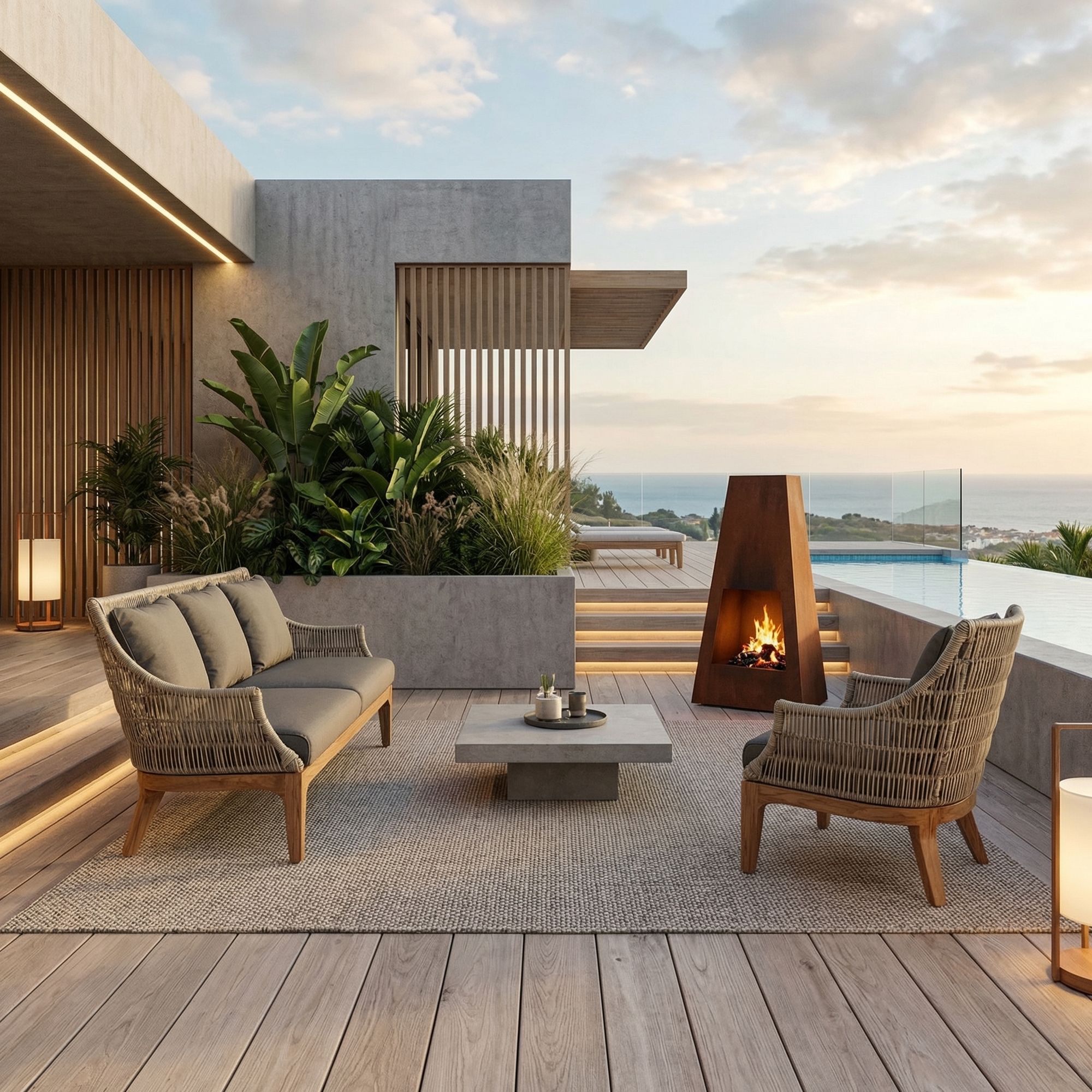 Garten Lounge Sofa Keilani mit Holzgestell und geflochtener Rückenlehne