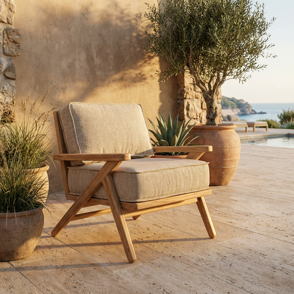 Outdoor-Sessel Alabama aus Teakholz in Natural Grey mit Outdoor-Polstern – luxuriöser 1-Sitzer aus der Gommaire Kollektion bei STUFF Shop