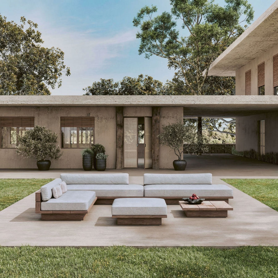 Outdoor-Lounge Sofa Magnus aus massivem Teakholz Natural Grey | wahlweise mit Ablagefläche (Small) oder durchgehendem Polster (Large) | Polster optional in Knelout, Knelout Deluxe, Ktextout oder Ktextout Deluxe