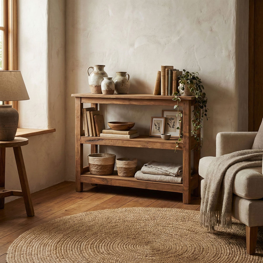 Kompaktes Regal aus massivem Teakholz mit drei offenen Ablagen | STUFF Loft