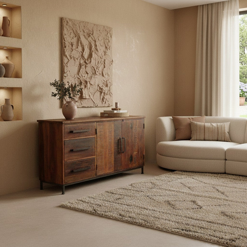 Sideboard Factory Charme aus recyceltem Holz mit zwei Türen und drei Schubladen, nachhaltige und stilvolle Stauraum-Lösung | STUFF Loft