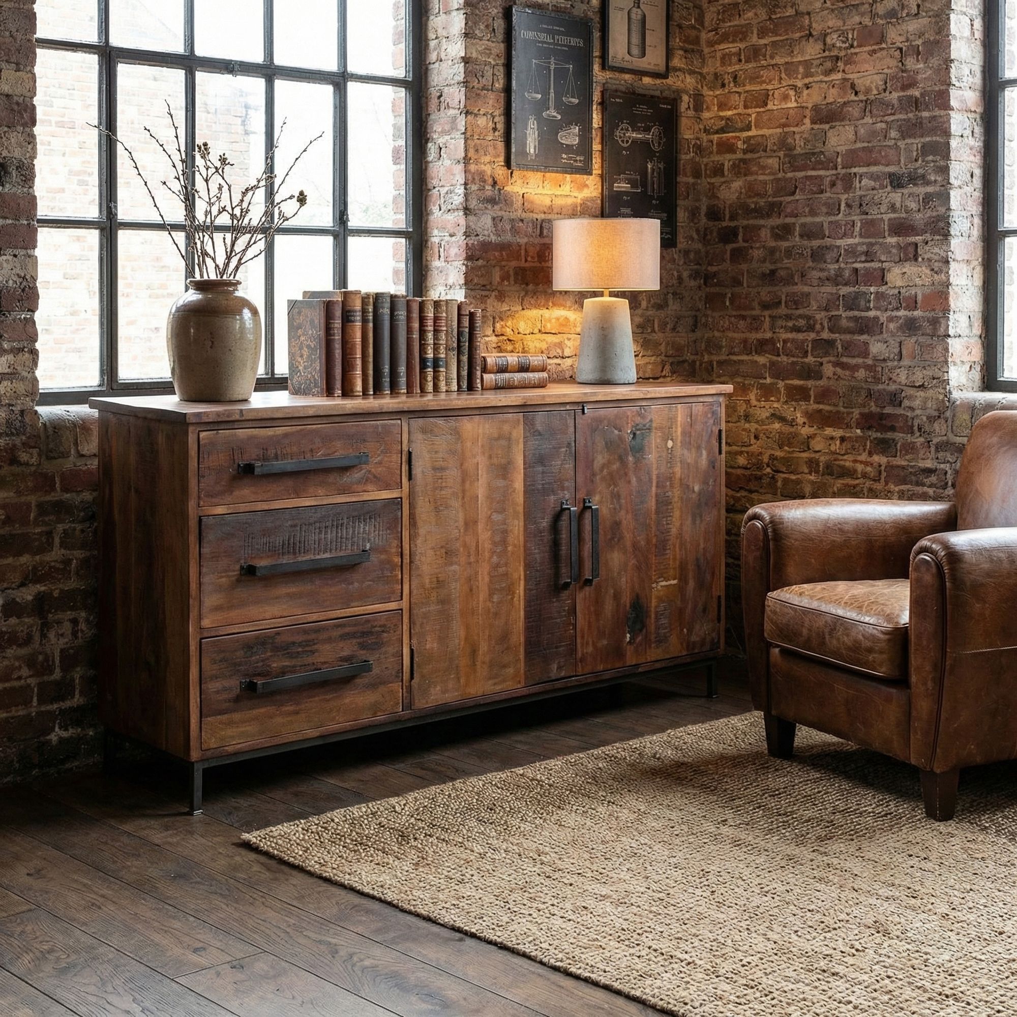 Sideboard Factory Charme aus recyceltem Holz mit zwei Türen und drei Schubladen, nachhaltige und stilvolle Stauraum-Lösung | STUFF Loft