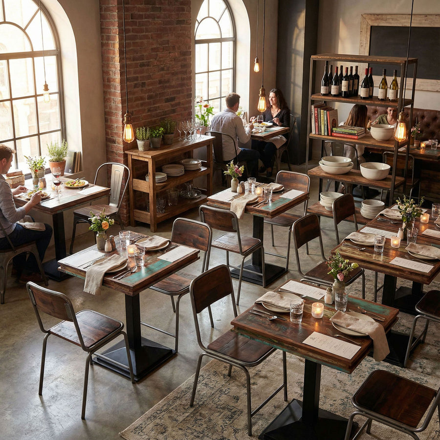 Bistrotisch Scrapwood aus mehrfarbigem recyceltem Altholz für Gastronomie und Bistro | STUFF Loft Gastronomie Design