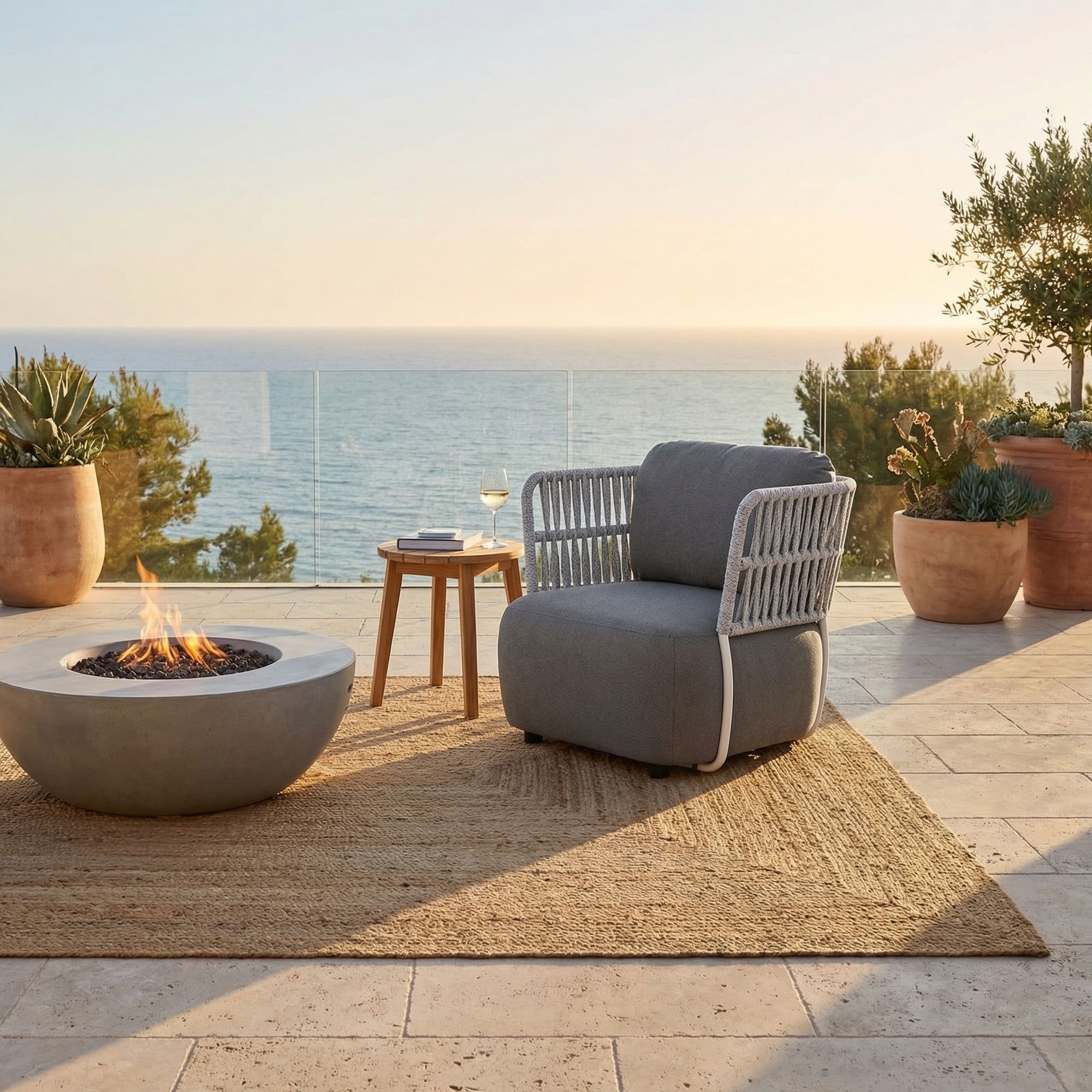 Outdoor Sessel Palmer mit weißem Geflecht und grauem Kissen