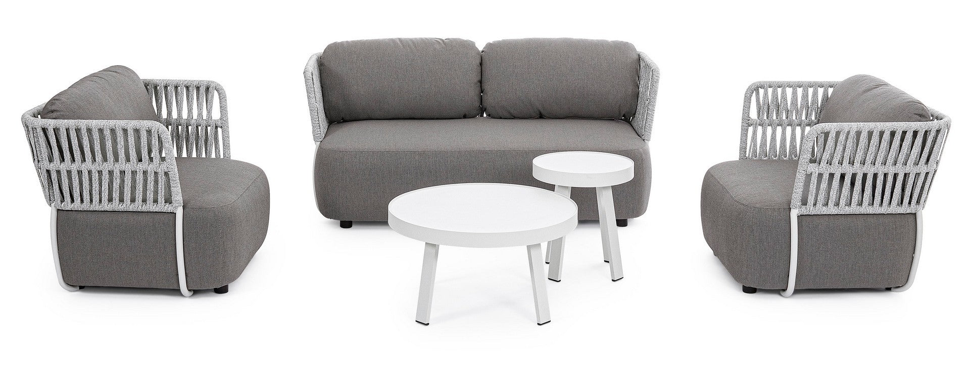 Outdoor Sessel Palmer mit weißem Geflecht und grauem Kissen