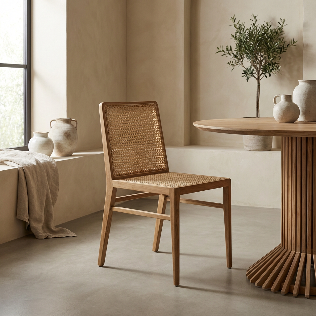 Esszimmerstuhl aus Teakholz mit Rattangeflecht im klassischen Retro-Design