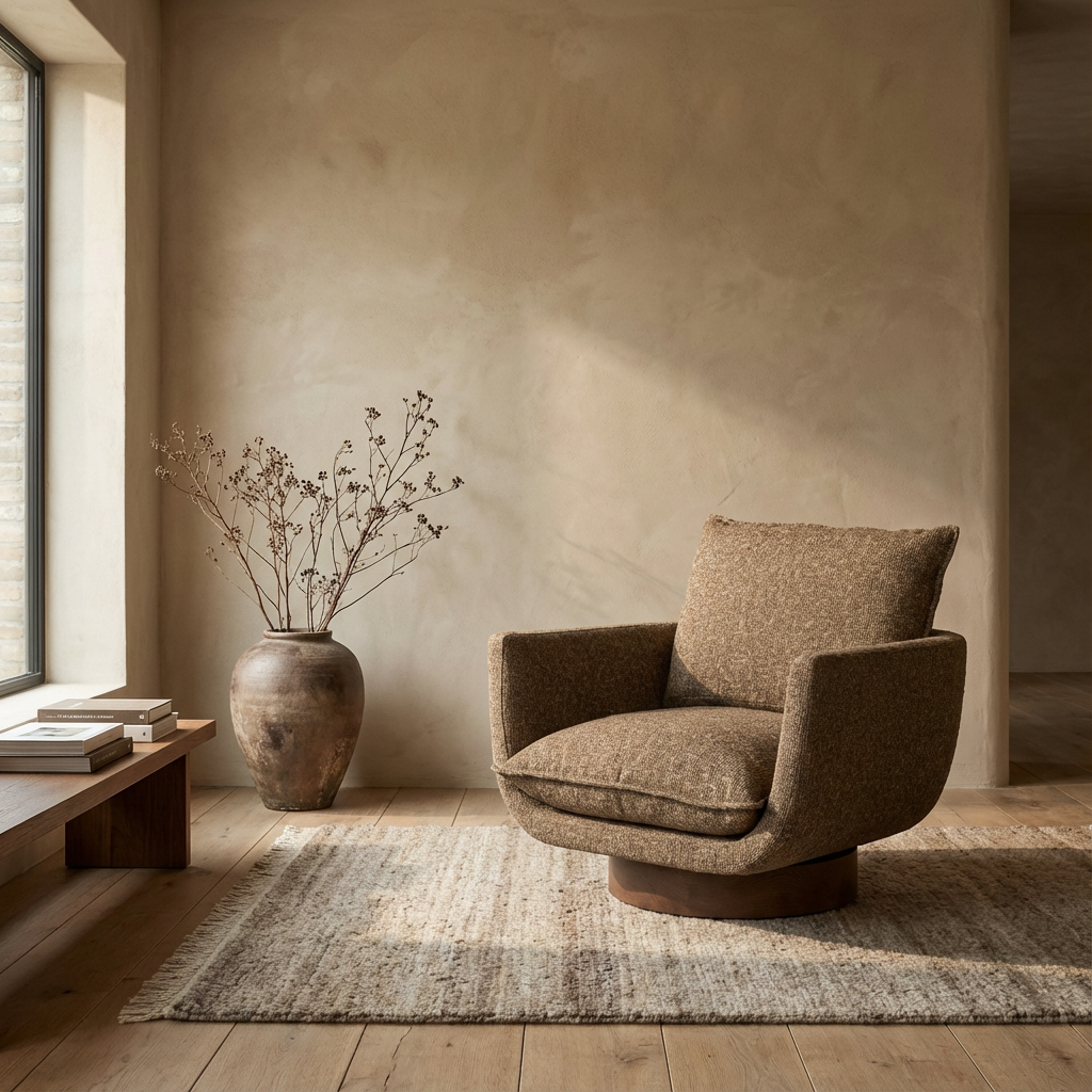 Gommaire Club Sessel Mason Brown | drehbarer Loungesessel mit braunem Stoffbezug bei STUFF Shop kaufen