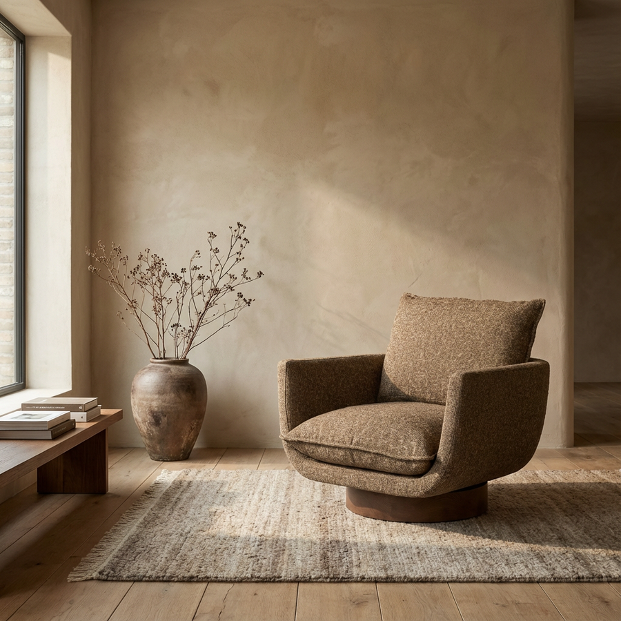 Gommaire Club Sessel Mason Brown | drehbarer Loungesessel mit braunem Stoffbezug bei STUFF Shop kaufen