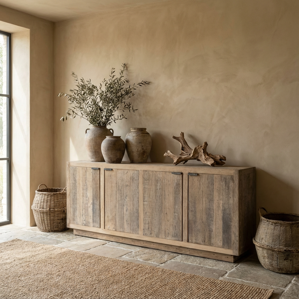 Sideboard Tracy von Gommaire – Hergestellt aus Reclaimed Wood mit Original Aged Patina. Das Bild zeigt das Sideboard mit 4 Türen und natürlicher Holzoptik, ideal für Wohnzimmer oder Esszimmer