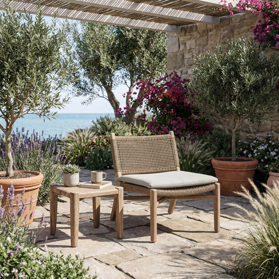 Sessel Fiona Teak aus massivem Teakholz Natural Grey mit handgeflochtener Rückenlehne aus PE Wicker Antique Weed | optional mit Sitzpolster