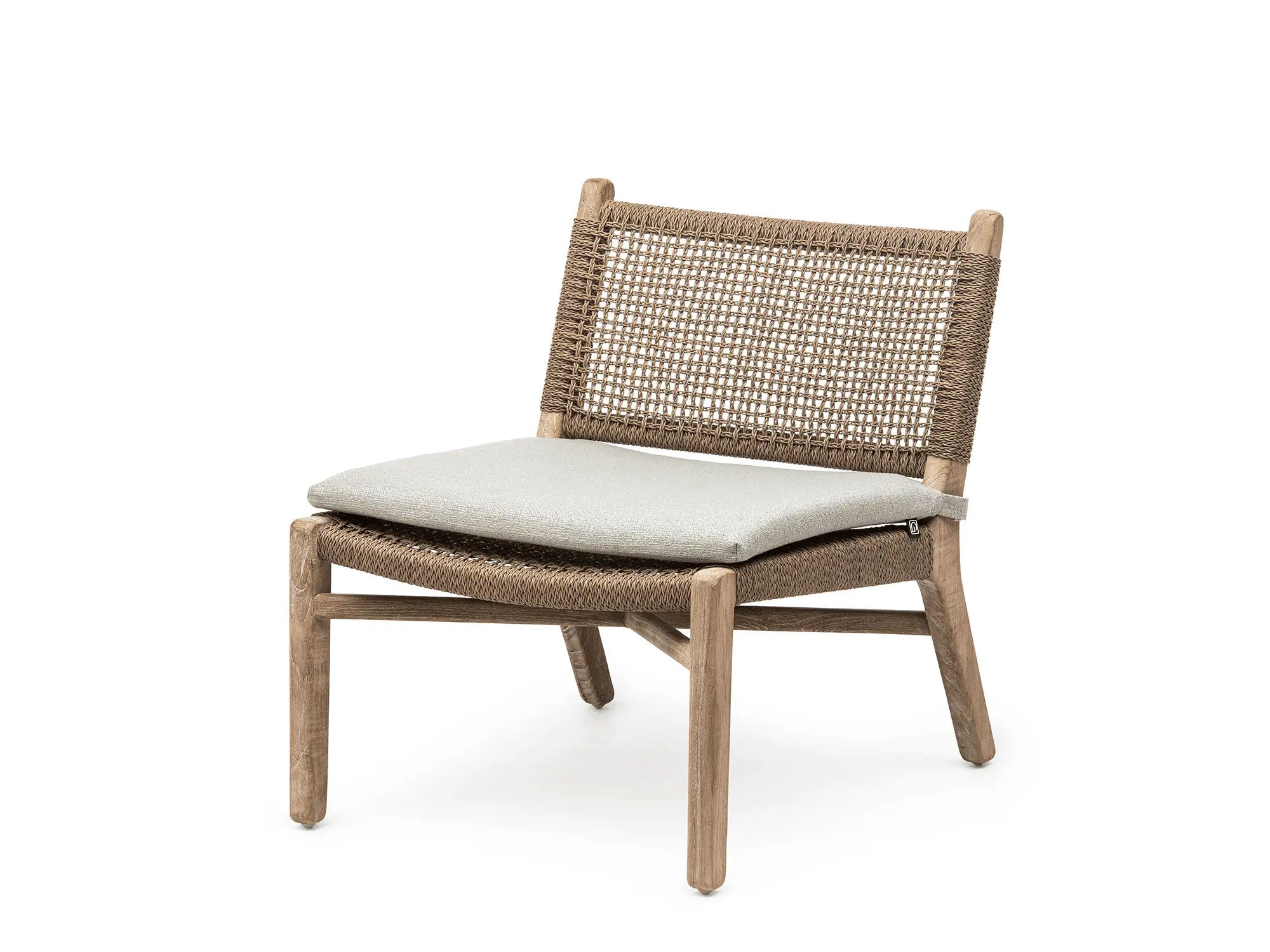 Sessel Fiona Teak aus massivem Teakholz Natural Grey mit handgeflochtener Rückenlehne aus PE Wicker Antique Weed | optional mit Sitzpolster