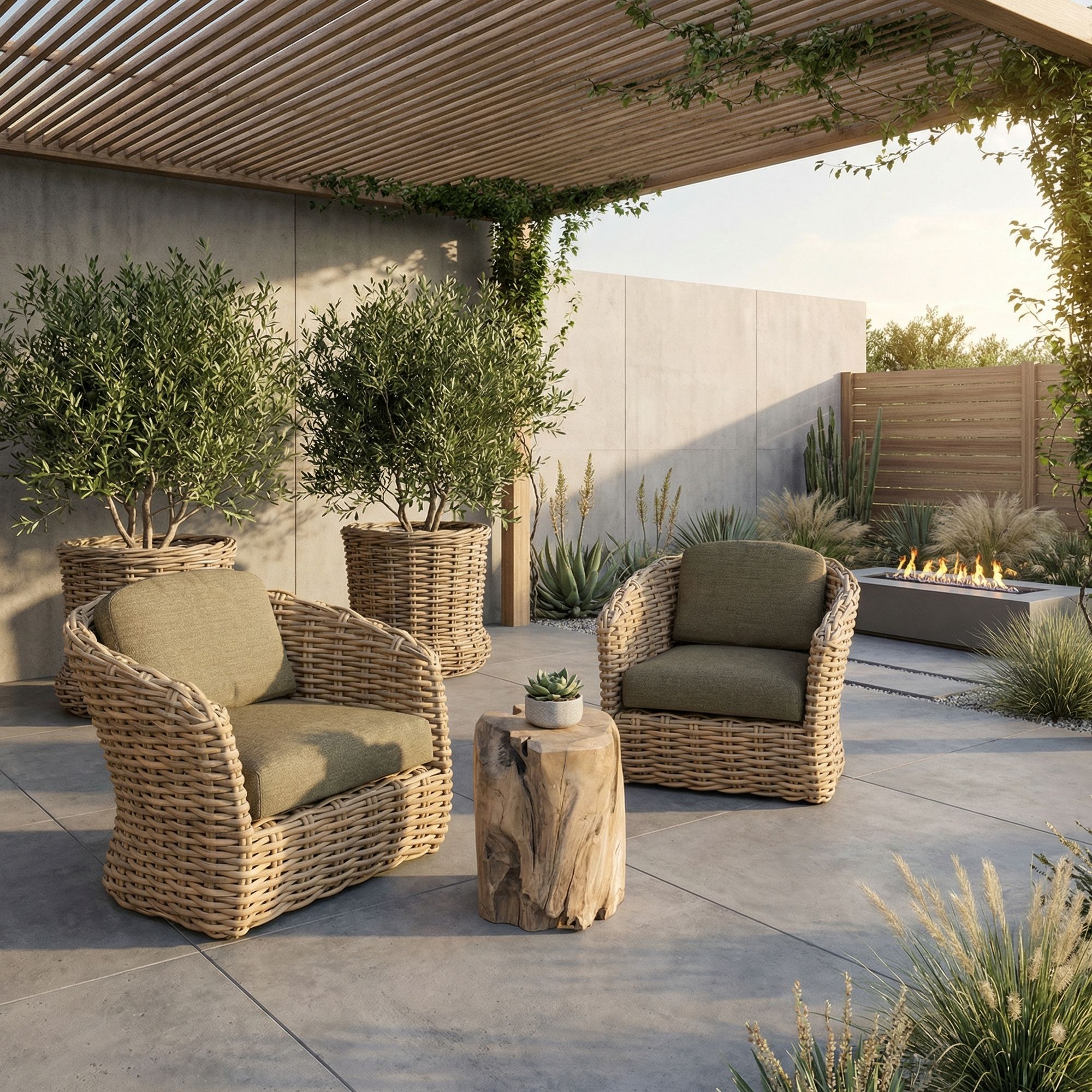 Outdoor-Sessel Feline mit handgeflochtenem CL PE Wicker in Natur und Polstern in Knelout, Knelout Deluxe, Ktextout oder Ktextout Deluxe | Gommaire Outdoor Kollektion bei STUFF Shop