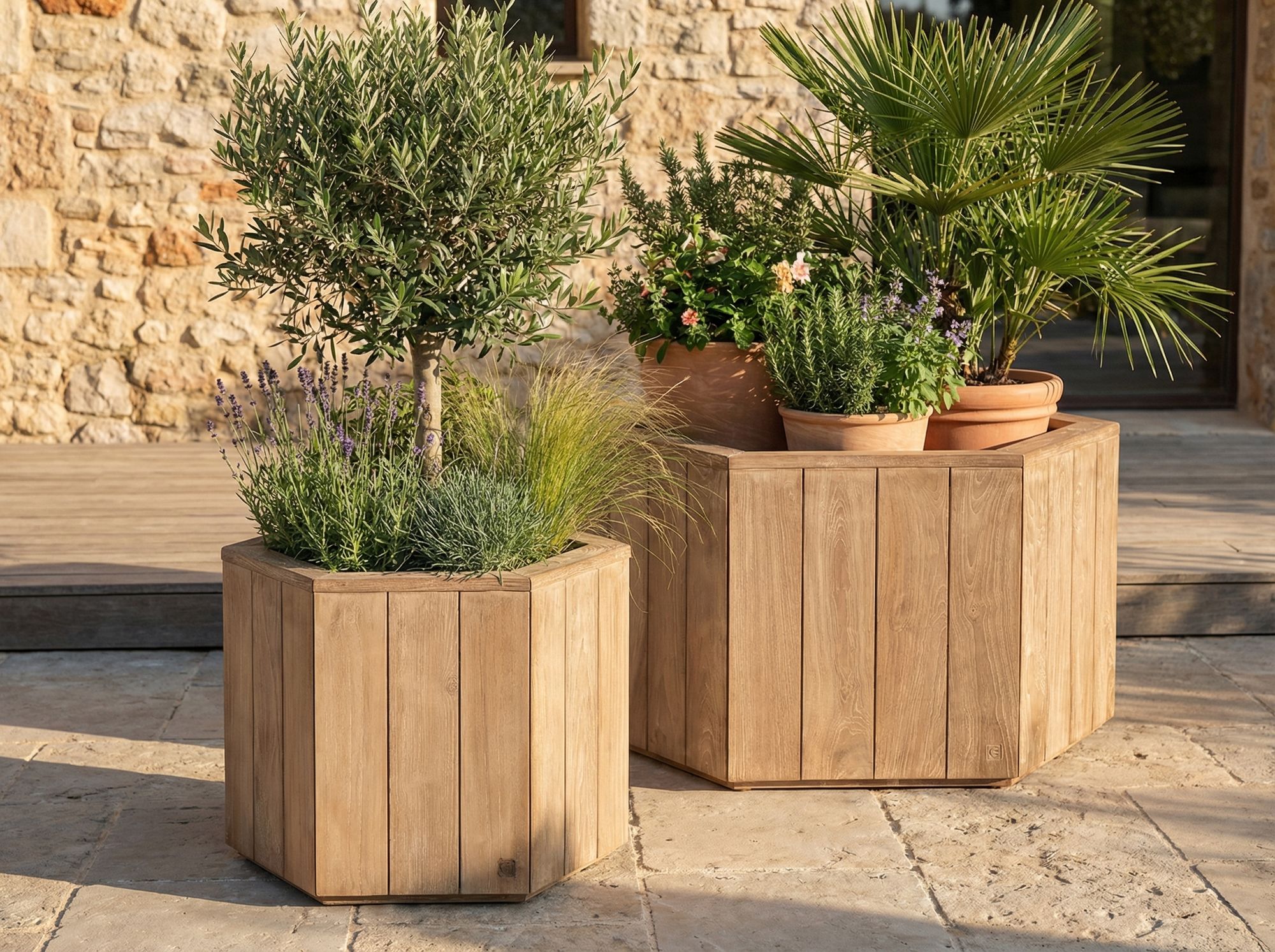 Gommaire Pflanzkübel Logan Hexagon aus Teakholz in den Größen Small für Outdoor | Gommaire bei STUFF Shop kaufen