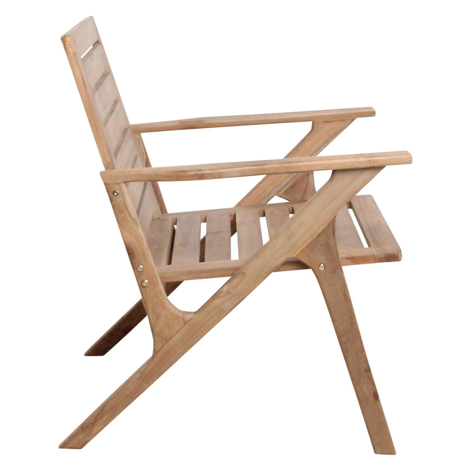 Seitenansicht des Outdoor Stuhls Odin Teak, betont das skandinavische Design
