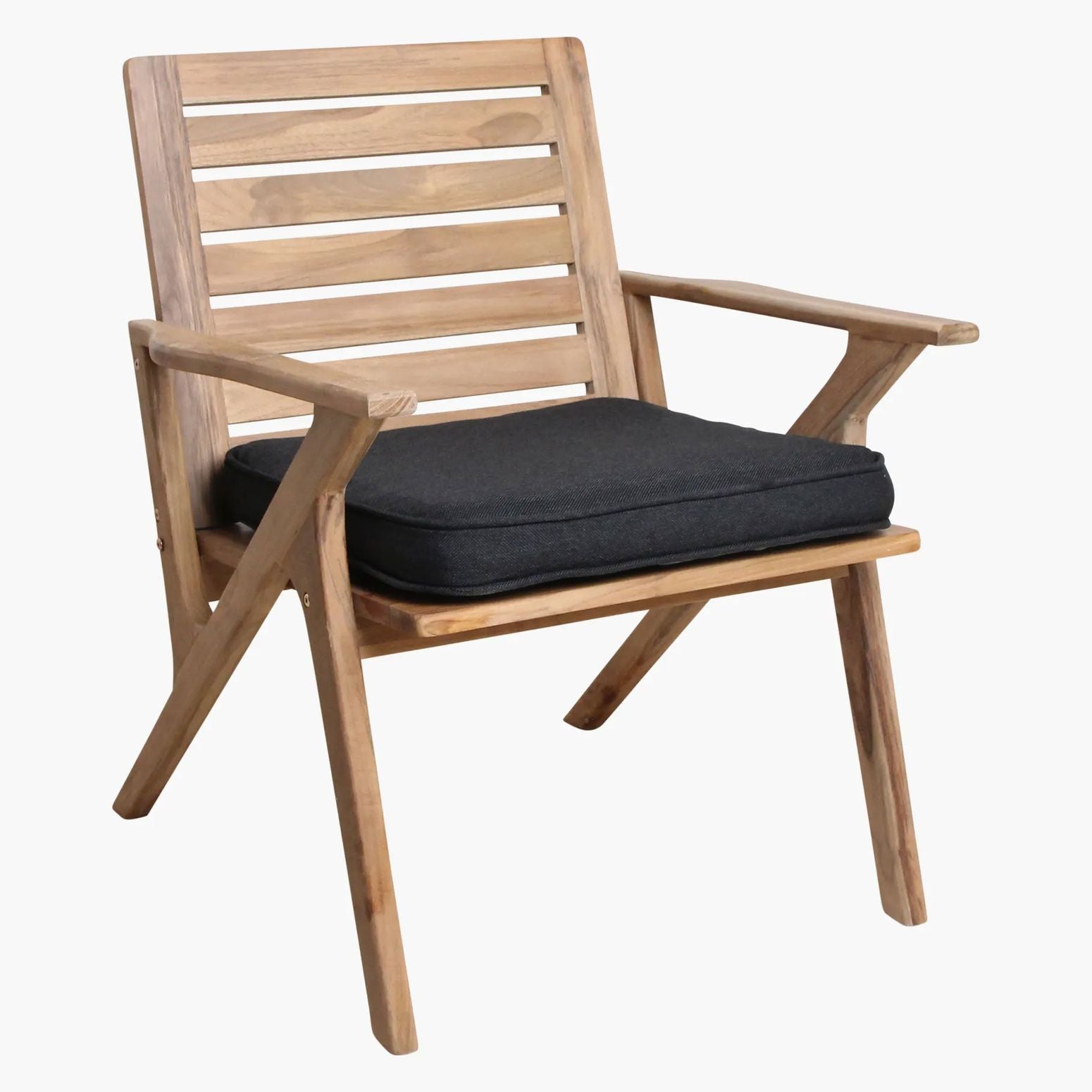 Gesamtansicht des Outdoor Stuhls Odin Teak mit Armlehnen und Polster