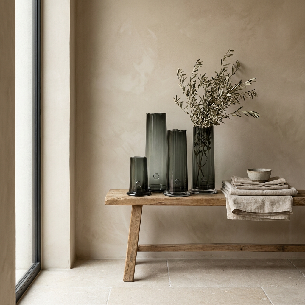 Gommaire Vase Nikky in den Größen Small, Medium und Extra Large aus mundgeblasenem grauen Glas, gefüllt mit grünen Zweigen. Stilvolle Vasen im modernen Design.