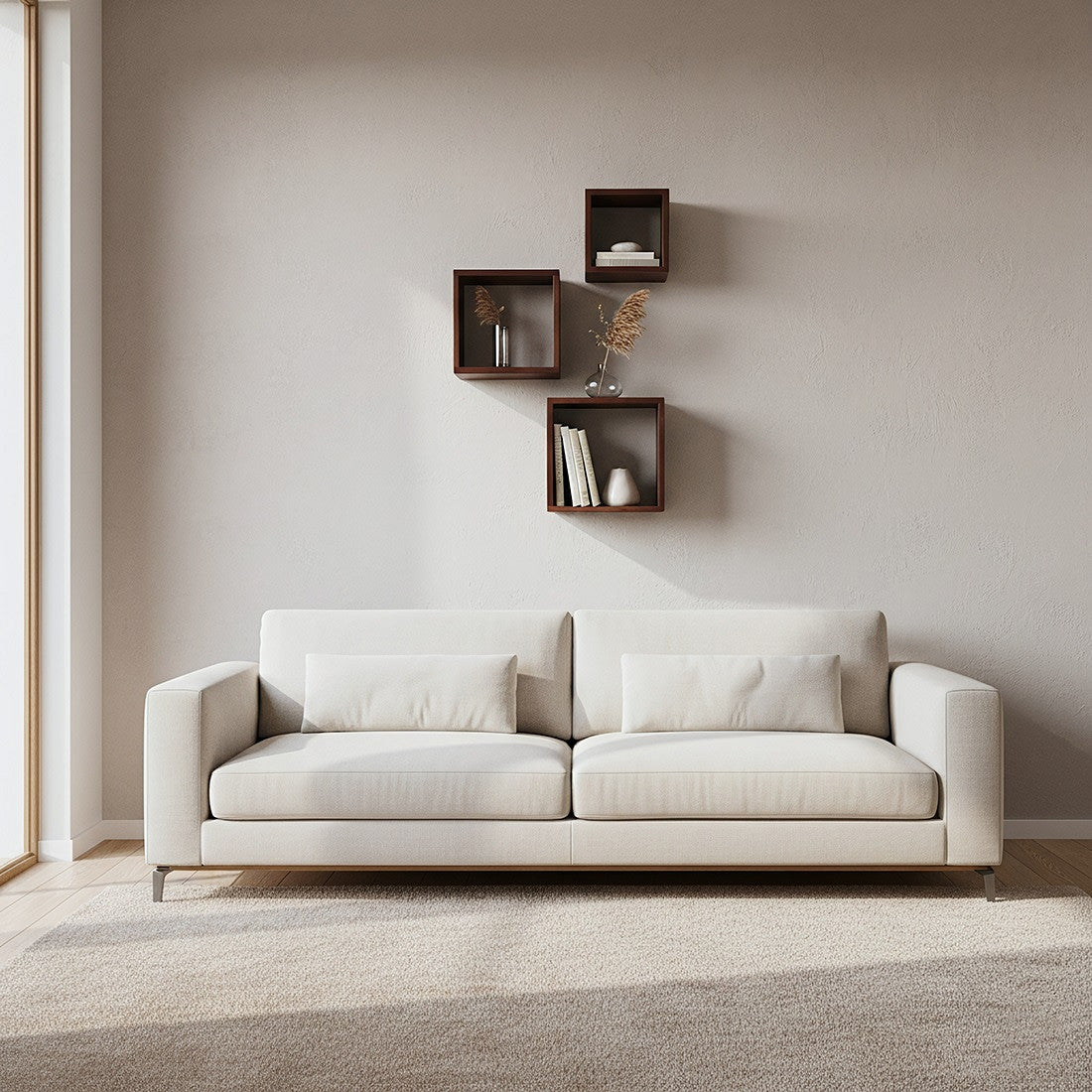 Regalset Historia Cubi Heritage aus recyceltem Altholz in drei Größen, montiert als stilvolle Wanddeko