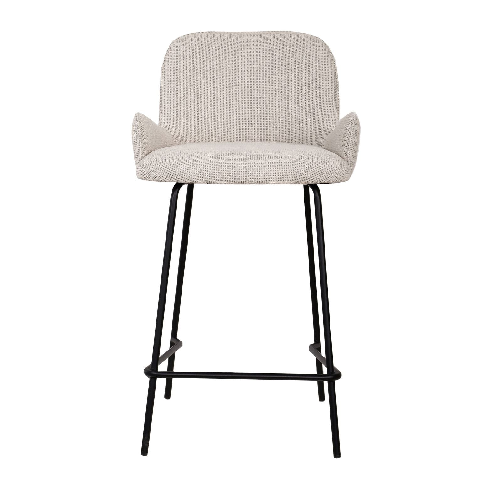 Moderner Barhocker Leander in Creme mit gepolsterter Sitzfläche und stabilen schwarzen Metallbeinen.