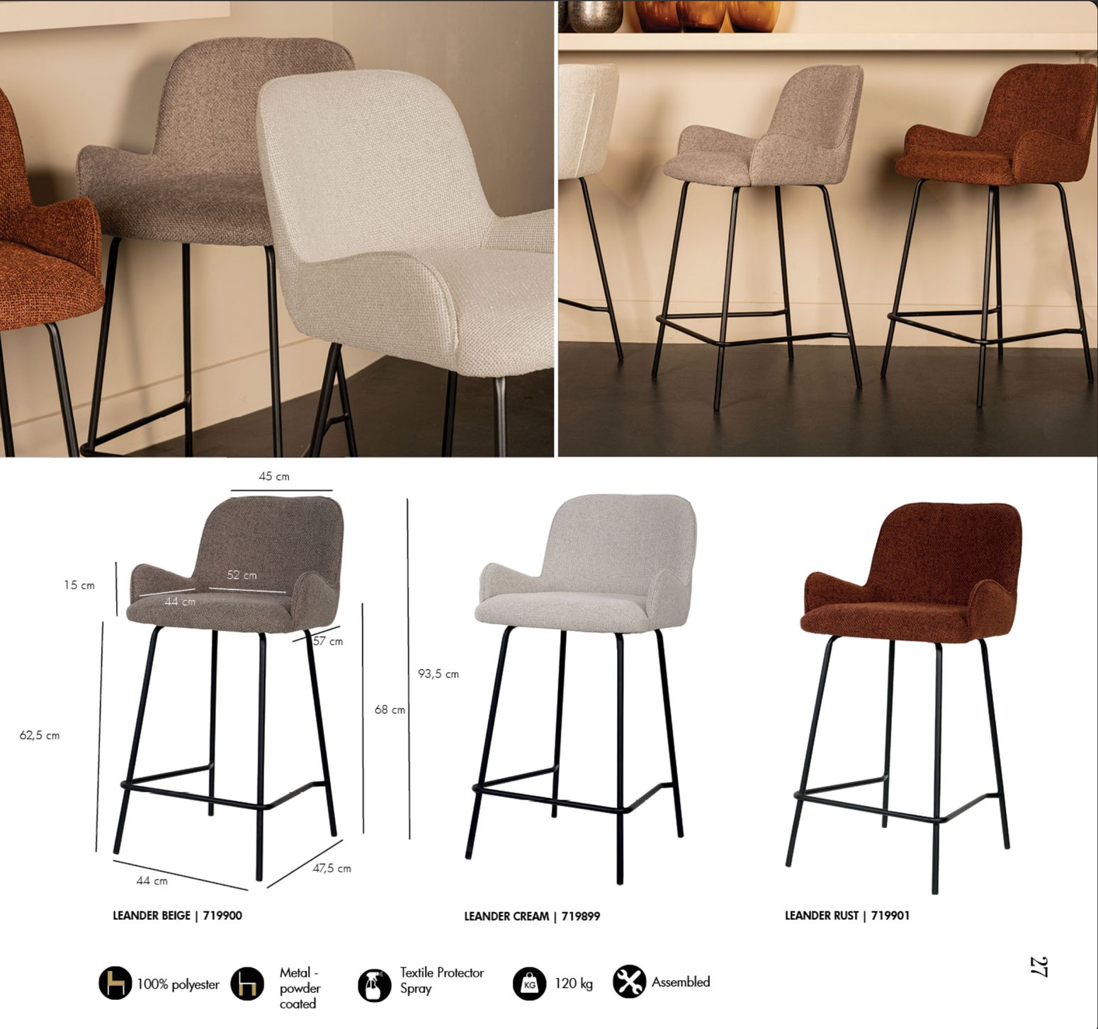 Moderner Barhocker Leander mit gepolsterter Sitzfläche und stabilen schwarzen Metallbeinen.