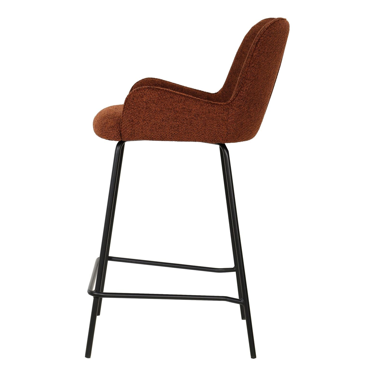 Moderner Barhocker Leander in Rost mit gepolsterter Sitzfläche und stabilen schwarzen Metallbeinen.