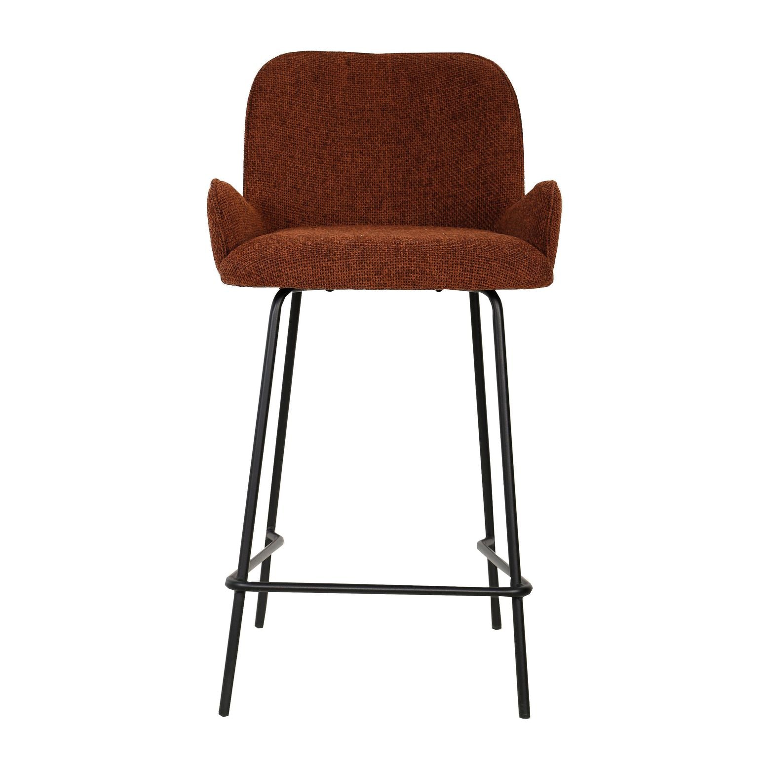 Moderner Barhocker Leander in Rost mit gepolsterter Sitzfläche und stabilen schwarzen Metallbeinen.